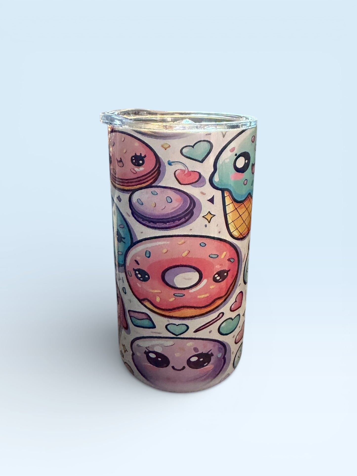 Cute Kawaii Food Pattern Tumbler, 12oz Insulated Drinkware with Ice Cream Donuts Pizza Design