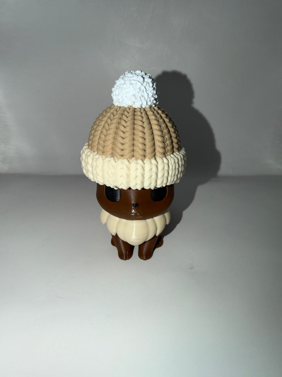 3D Printed Cute Character Figurine with Knit Beanie Hat, Brown and Cream, Collectible Desk Decor