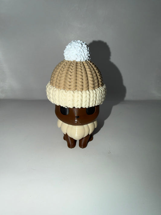 3D Printed Cute Character Figurine with Knit Beanie Hat, Brown and Cream, Collectible Desk Decor