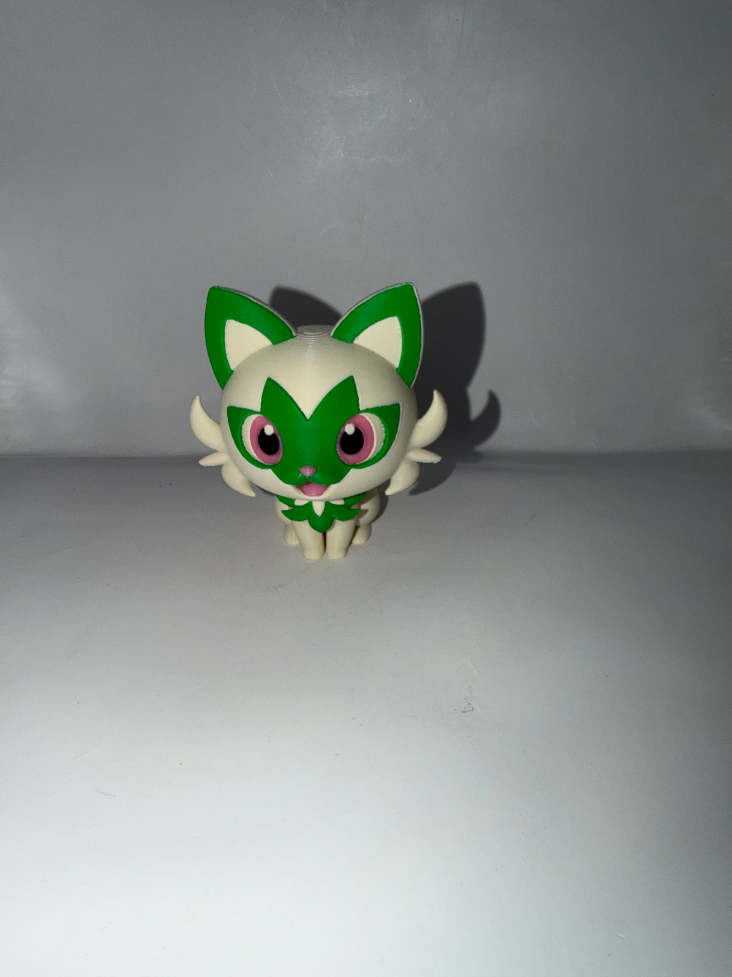3D Printed Sprigatito Pokemon Figure, White and Green, Collectible Toy Statue