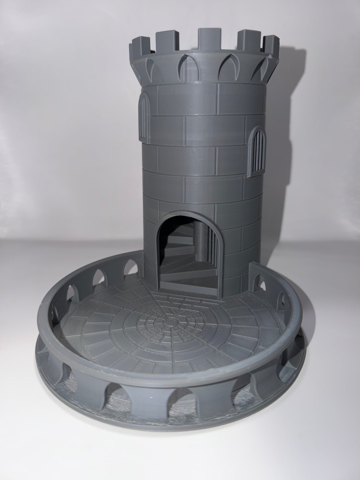 3D Printed Dice Roller Tower, Gray, Cylindrical Design with Circular Base Tray
