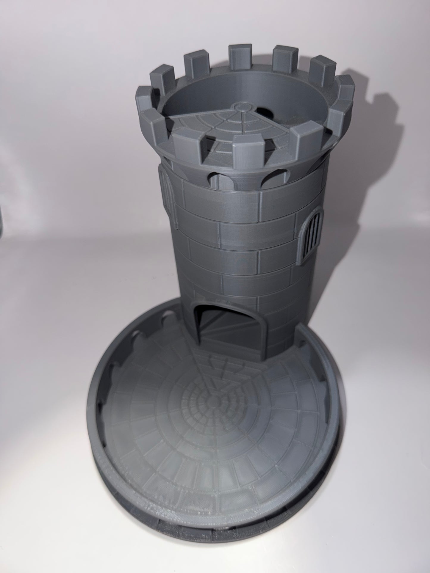 3D Printed Dice Roller Tower, Gray, Cylindrical Design with Circular Base Tray