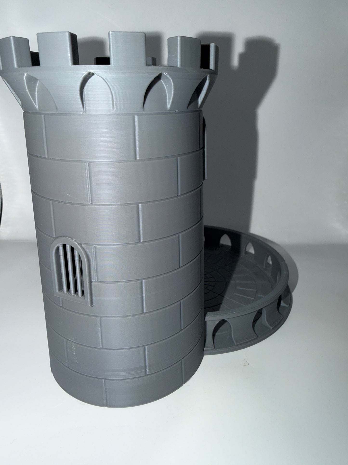 3D Printed Dice Roller Tower, Gray, Cylindrical Design with Circular Base Tray