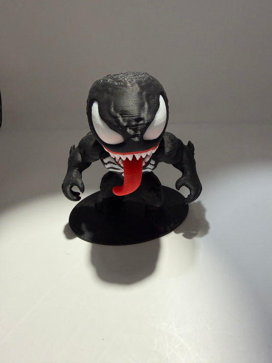 3D Printed Venom Chibi Figure, Black, Collectible Superhero Statue with Base