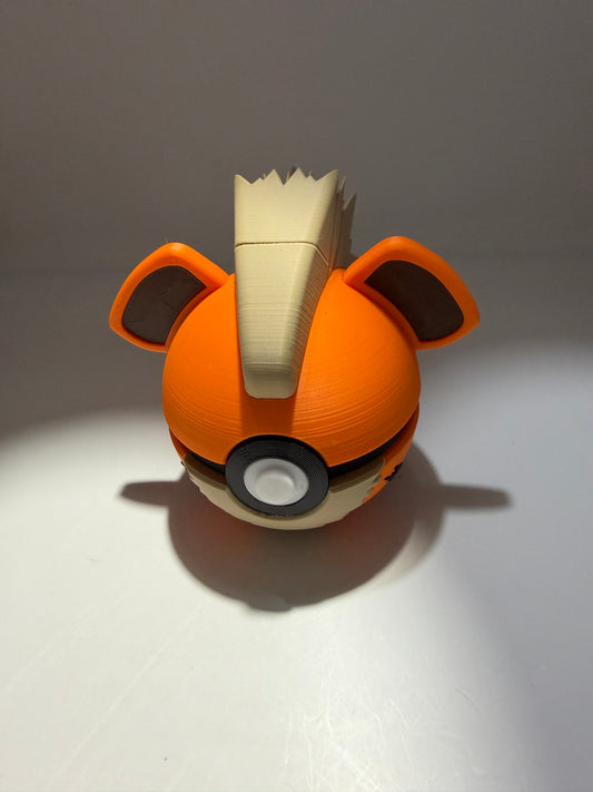 3D Printed Growlithe Pokeball Figurine, Orange, Collectible Fan Art Desk Decor