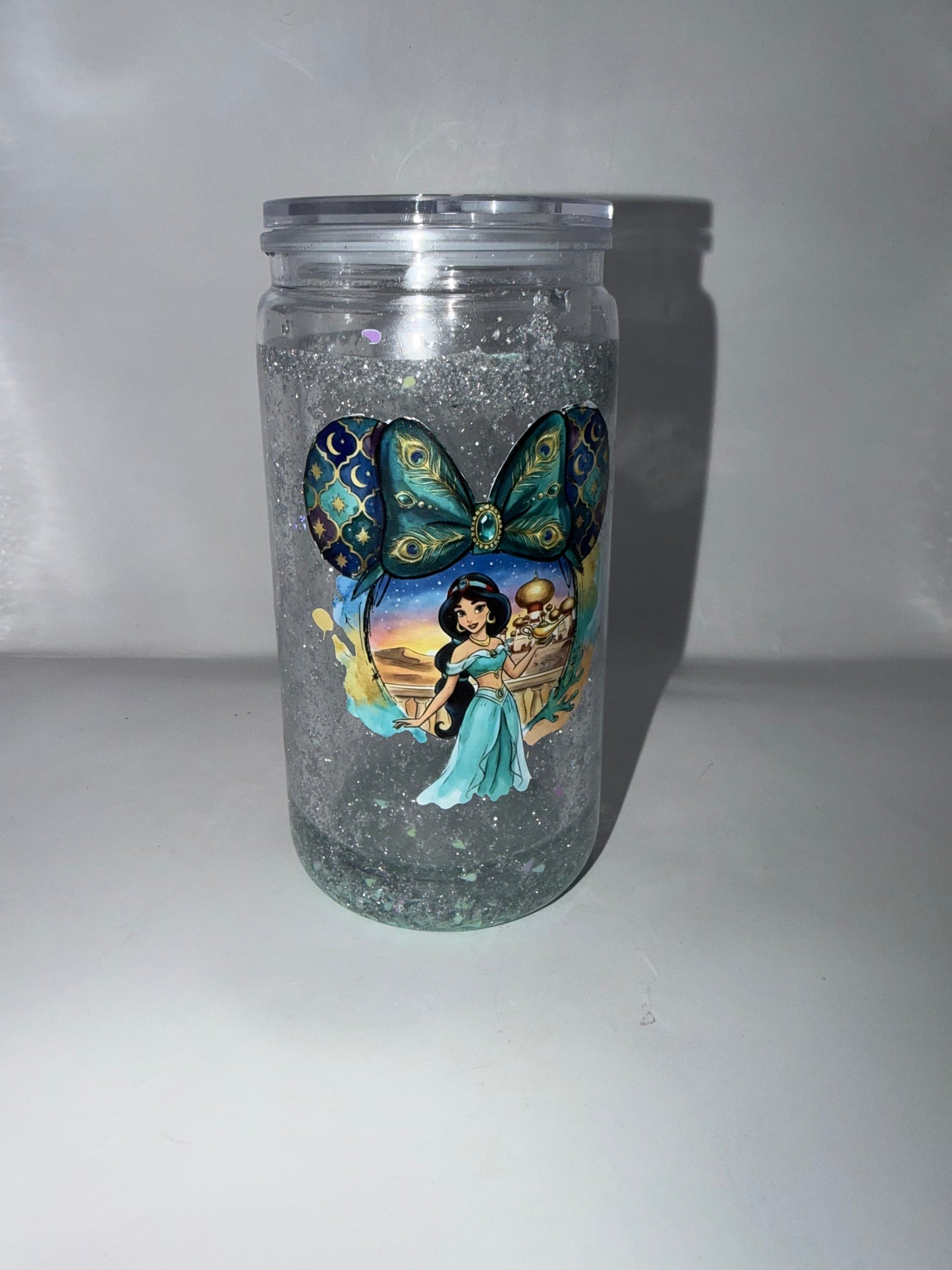 Princess Glitter Snow Globe Tumbler Cup, Clear Acrylic, Peacock Butterfly Design