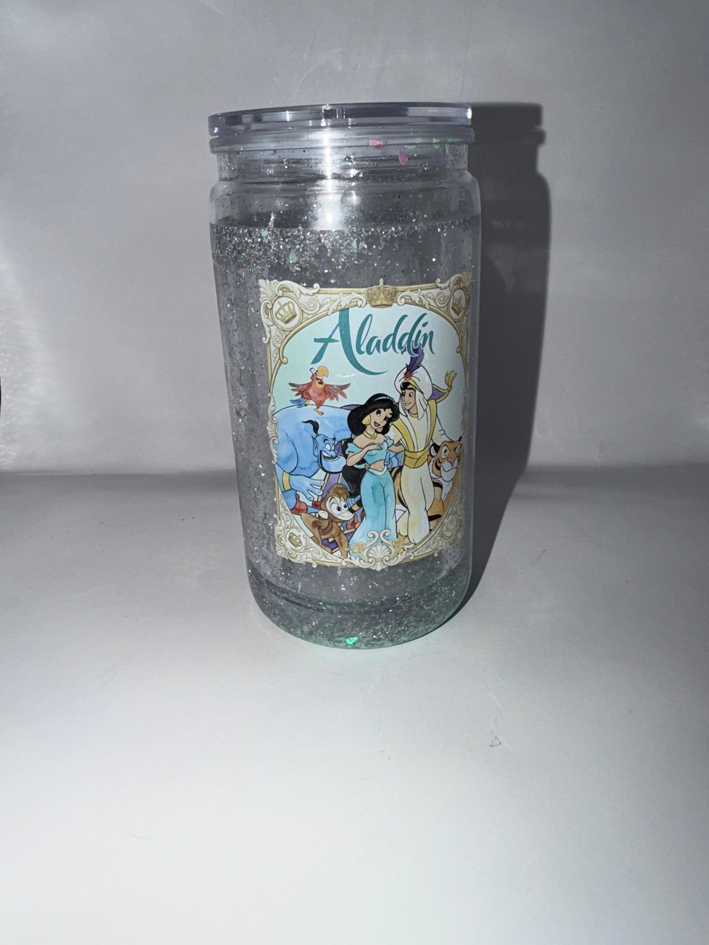 Princess Glitter Snow Globe Tumbler Cup, Clear Acrylic, Peacock Butterfly Design