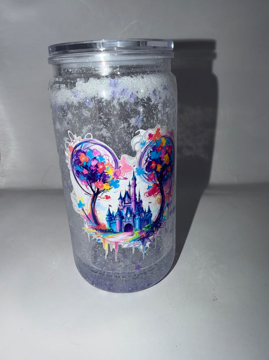 Glitter Snow Globe Tumbler, Clear Acrylic Can Cup with Lid, Colorful Castle Heart Design