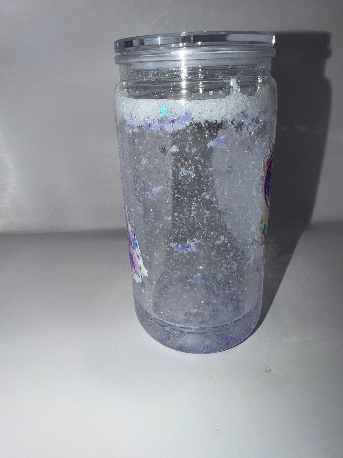 Glitter Snow Globe Tumbler, Clear Acrylic Can Cup with Lid, Colorful Castle Heart Design