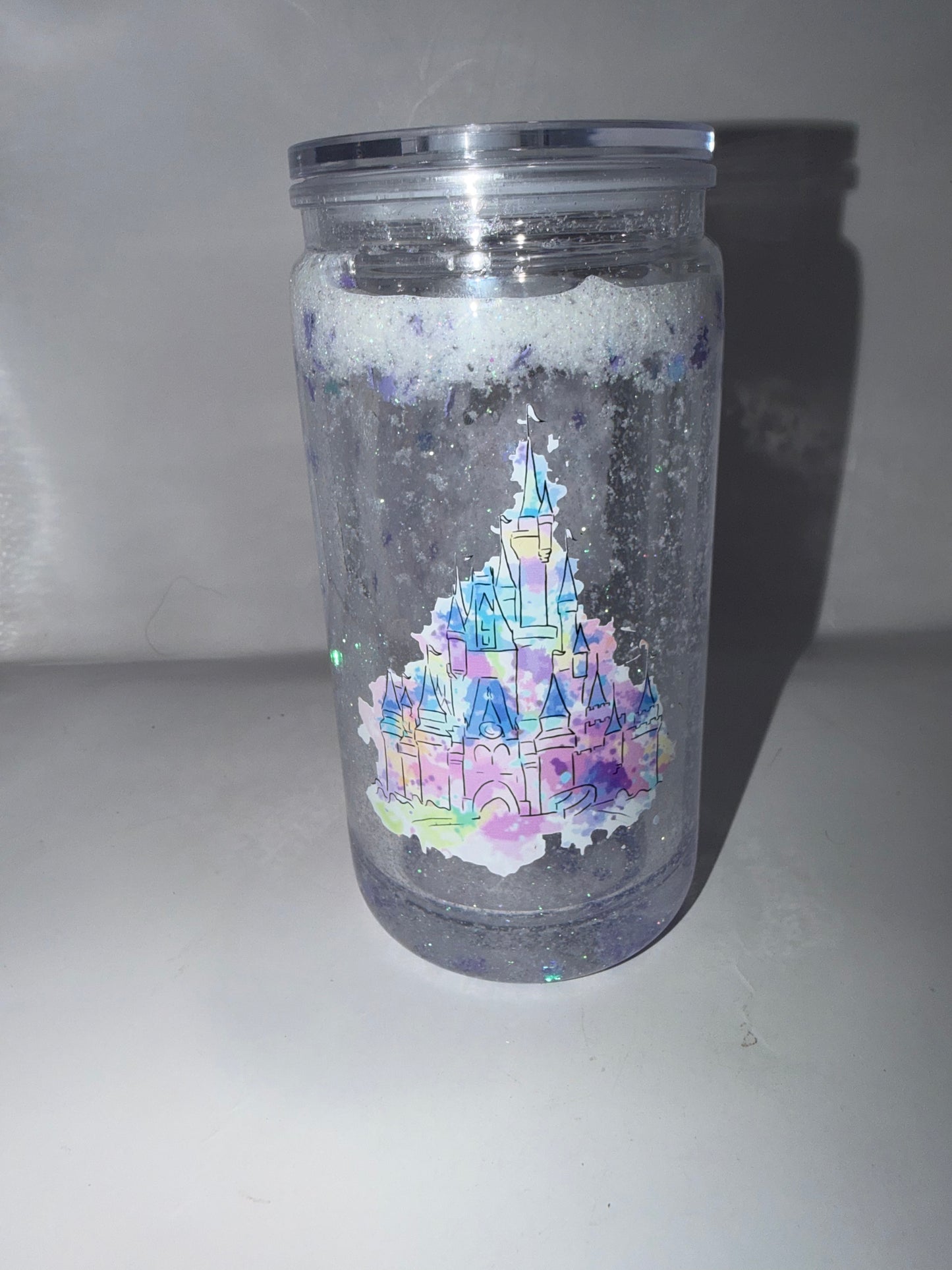 Glitter Snow Globe Tumbler, Clear Acrylic Can Cup with Lid, Colorful Castle Heart Design