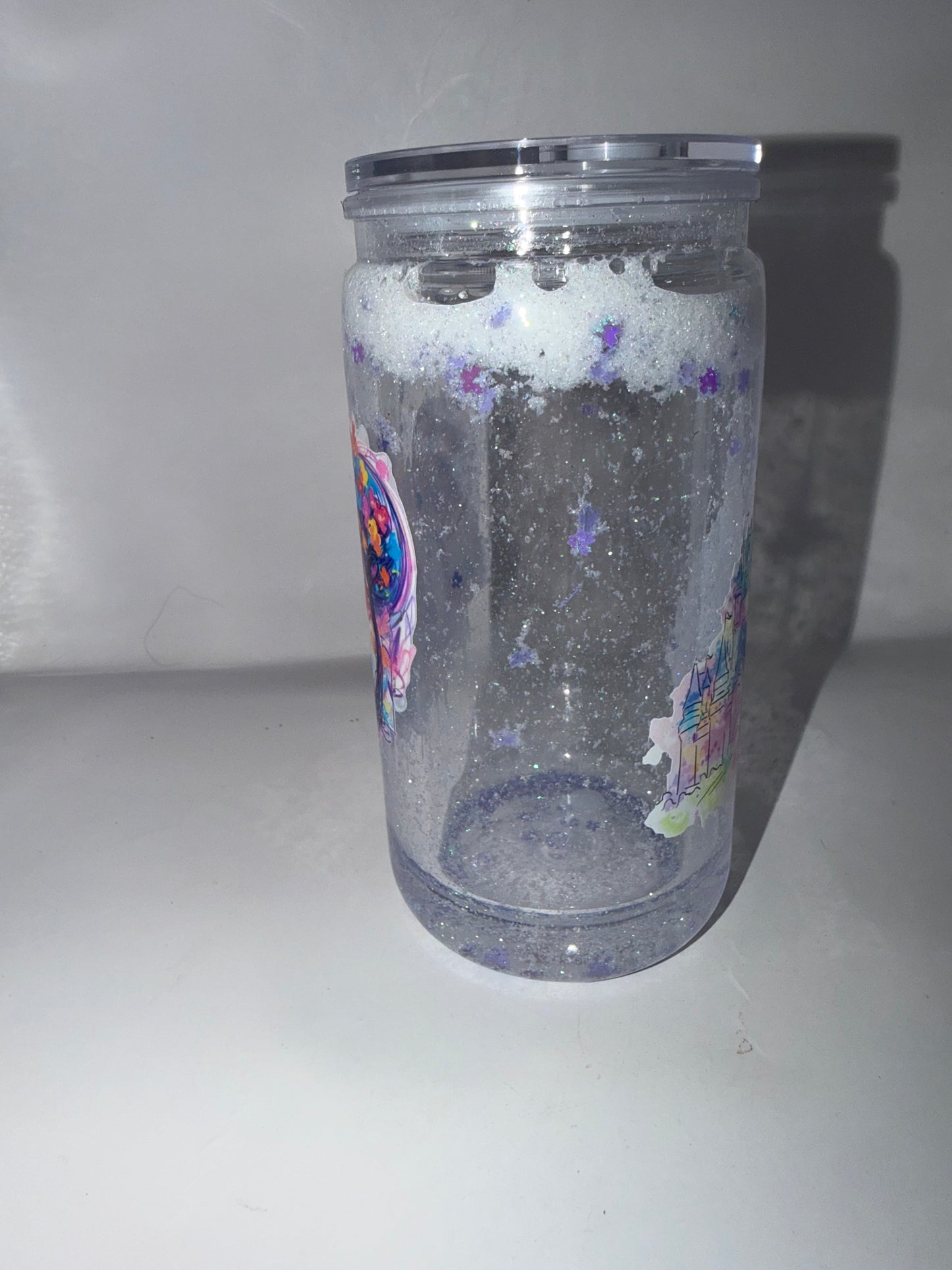 Glitter Snow Globe Tumbler, Clear Acrylic Can Cup with Lid, Colorful Castle Heart Design