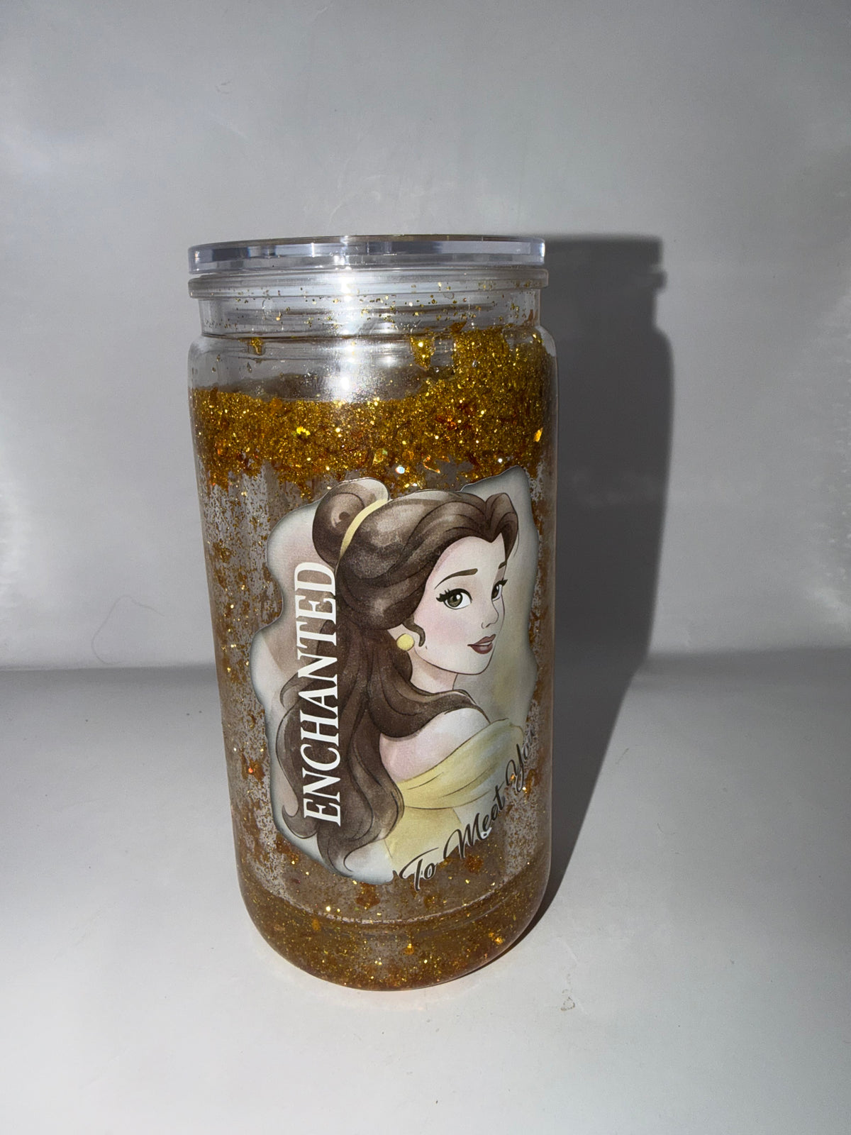 Beauty and the Beast Enchanted Glitter Tumbler, Clear, Gold Glitter, Princess Belle Theme, with Lid