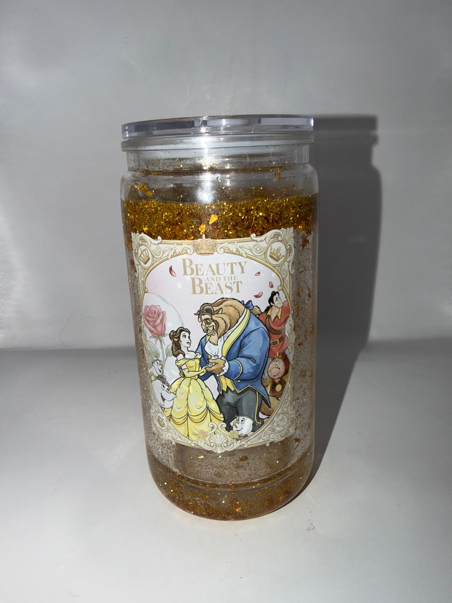 Beauty and the Beast Enchanted Glitter Tumbler, Clear, Gold Glitter, Princess Belle Theme, with Lid