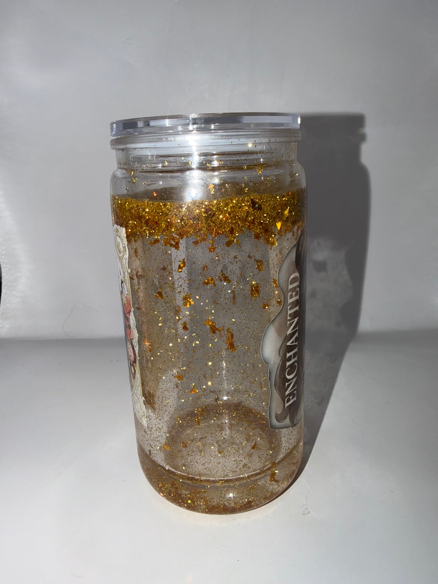Beauty and the Beast Enchanted Glitter Tumbler, Clear, Gold Glitter, Princess Belle Theme, with Lid