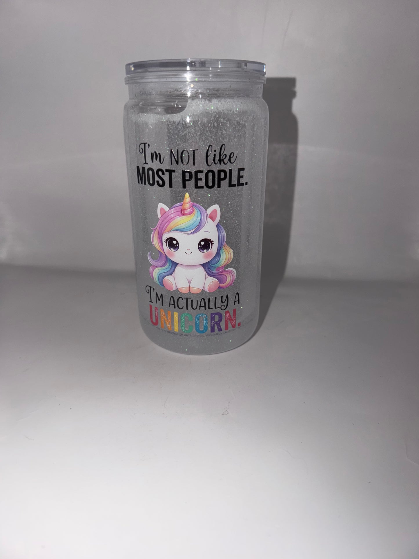 Unicorn Glitter Tumbler Cup, Clear Acrylic, Funny Quote I'm Not Like Most People I'm Actually a Unicorn
