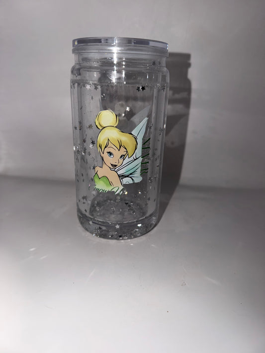 Tinker Bell Glitter Tumbler Cup, Clear Plastic, Double Wall, Star Confetti