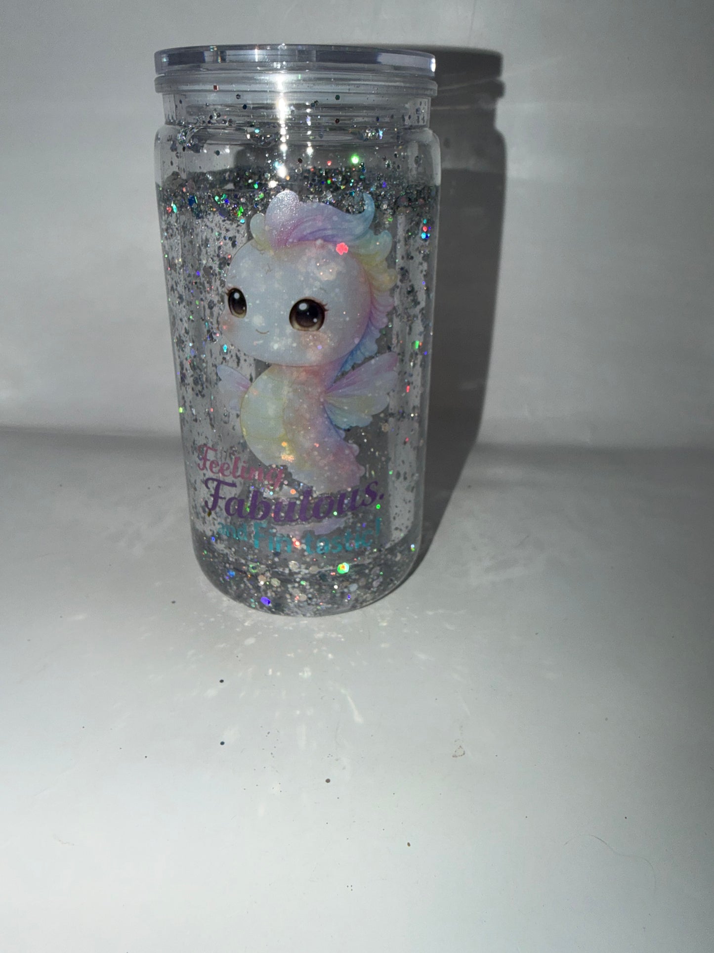 Glitter Snow Globe Tumbler with Rainbow Seahorse, Clear Holographic Sequin Novelty Collectible