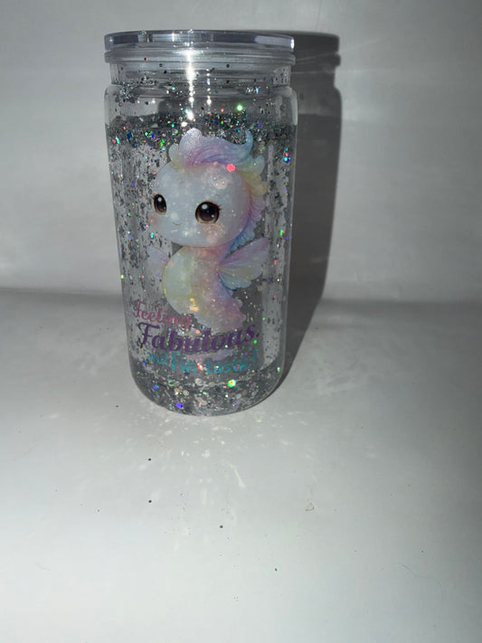 Glitter Snow Globe Tumbler with Rainbow Seahorse, Clear Holographic Sequin Novelty Collectible