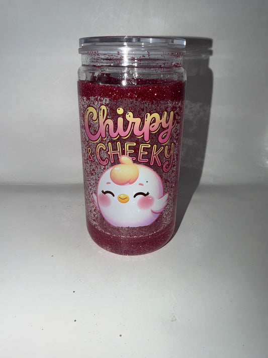 Chirpy & Cheeky Glitter Snow Globe Tumbler, Clear Plastic, Pink Glitter, Cute Character Design