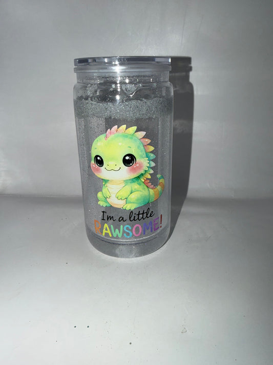 Glitter Tumbler Cup with Lid, Clear Plastic, Cute Baby Dragon 'I'm a Little RAWSOME'