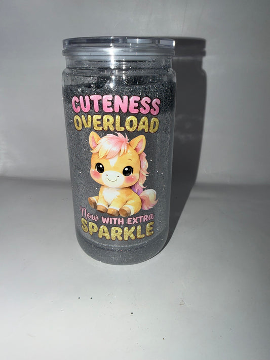 Glitter Tumbler Cup, Cuteness Overload Pony Design, Silver Glitter, Can-Shaped Drinking Glass with Lid