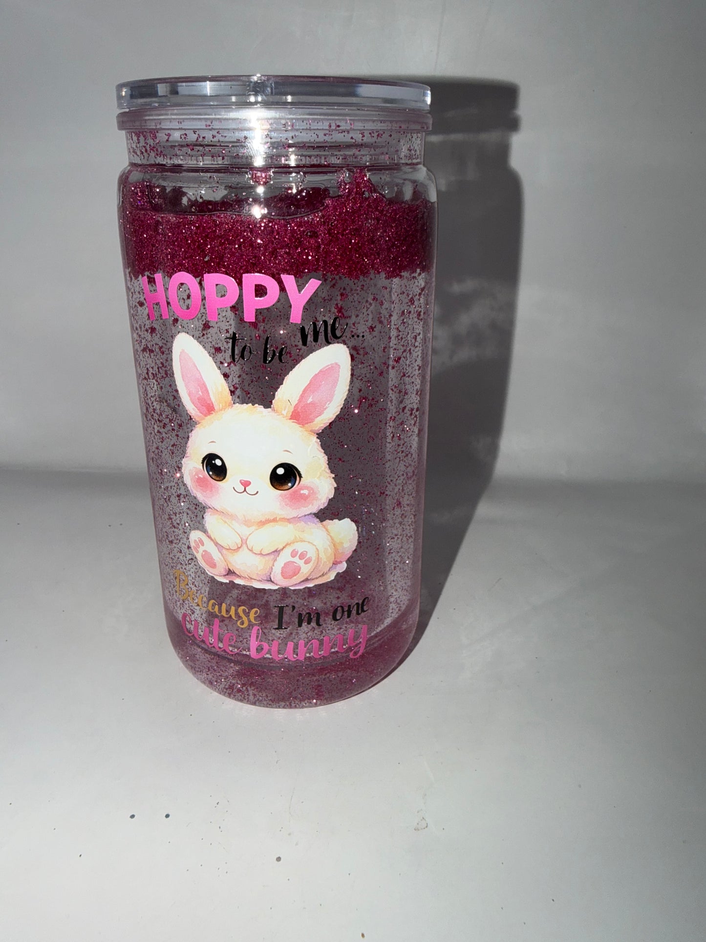 Glitter Snow Globe Tumbler Cup, Bunny Theme, Pink Glitter, 'Hoppy to Be Me' Design