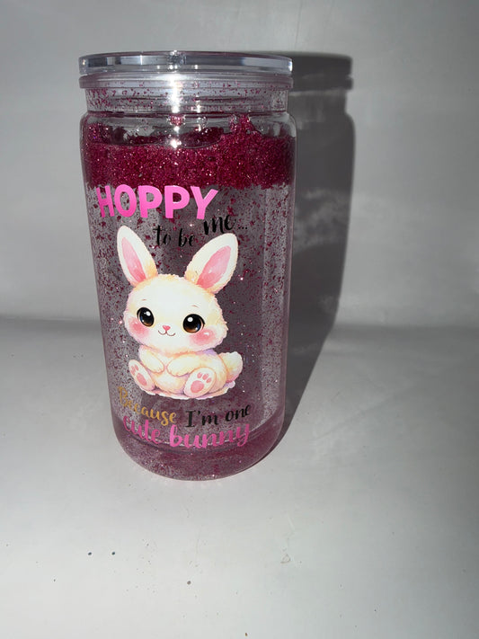 Glitter Snow Globe Tumbler Cup, Bunny Theme, Pink Glitter, 'Hoppy to Be Me' Design