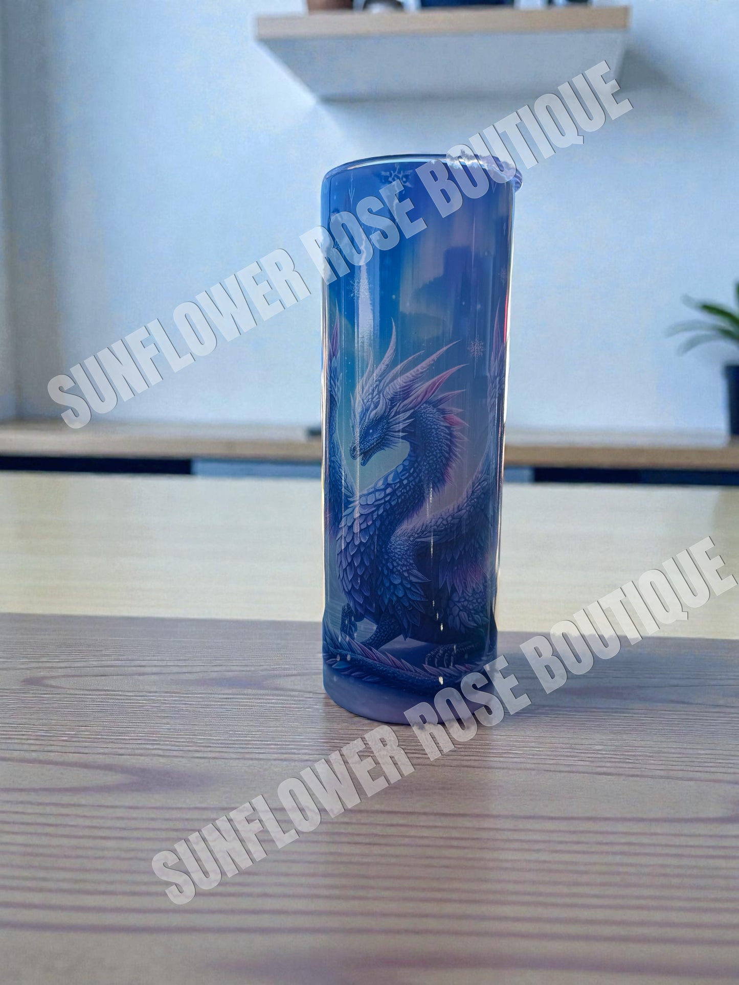 Mystical Dragon Tumbler, 20oz Insulated Stainless Steel Travel Cup with Fantasy Art Design, Blue and Pink Mythical Dragon Theme