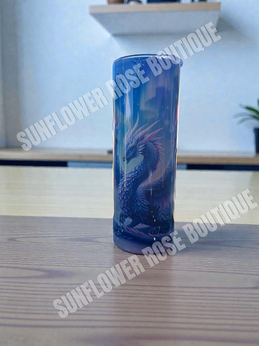 Mystical Dragon Tumbler, 20oz Insulated Stainless Steel Travel Cup with Fantasy Art Design, Blue and Pink Mythical Dragon Theme