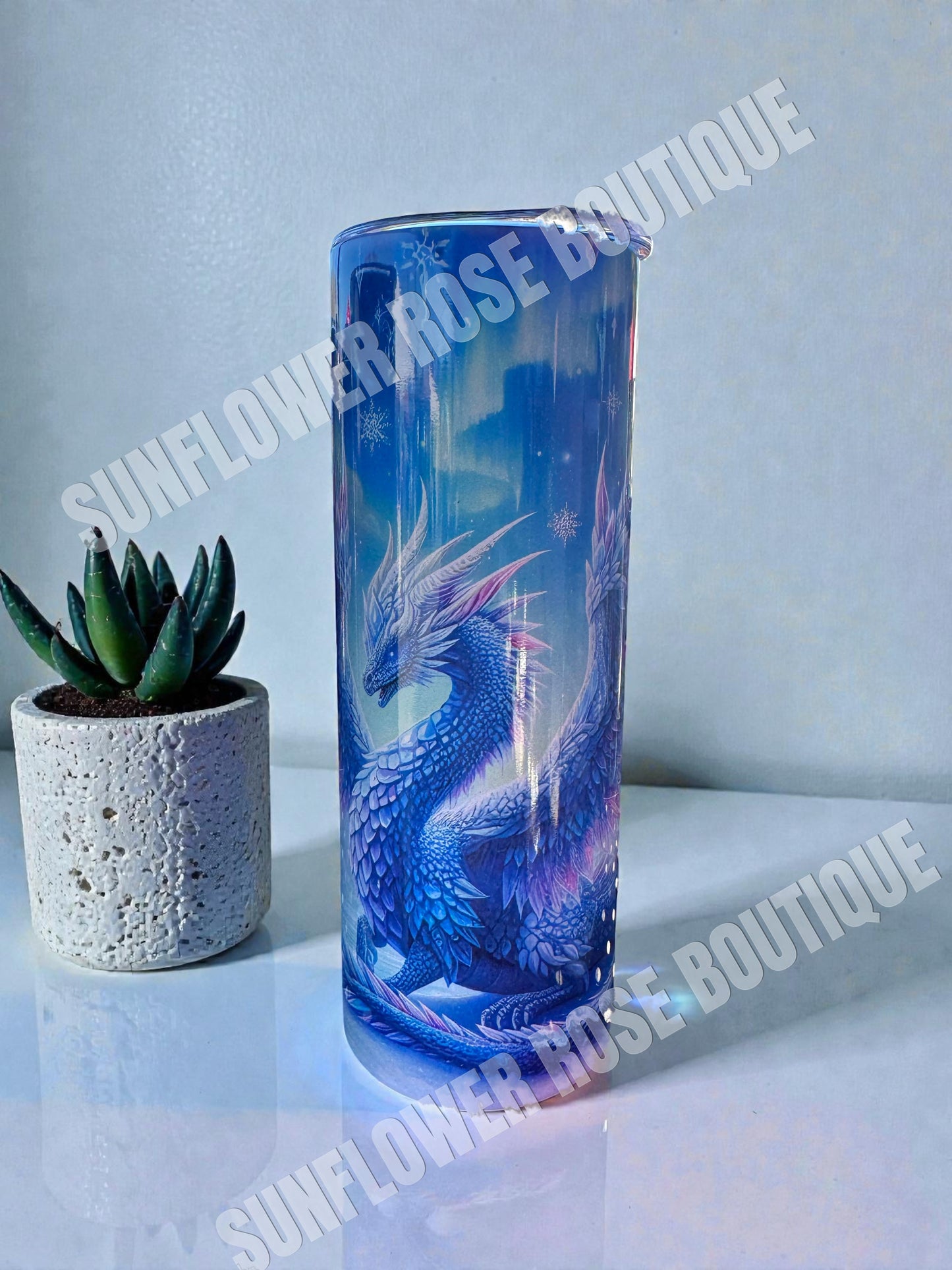 Mystical Dragon Tumbler, 20oz Insulated Stainless Steel Travel Cup with Fantasy Art Design, Blue and Pink Mythical Dragon Theme