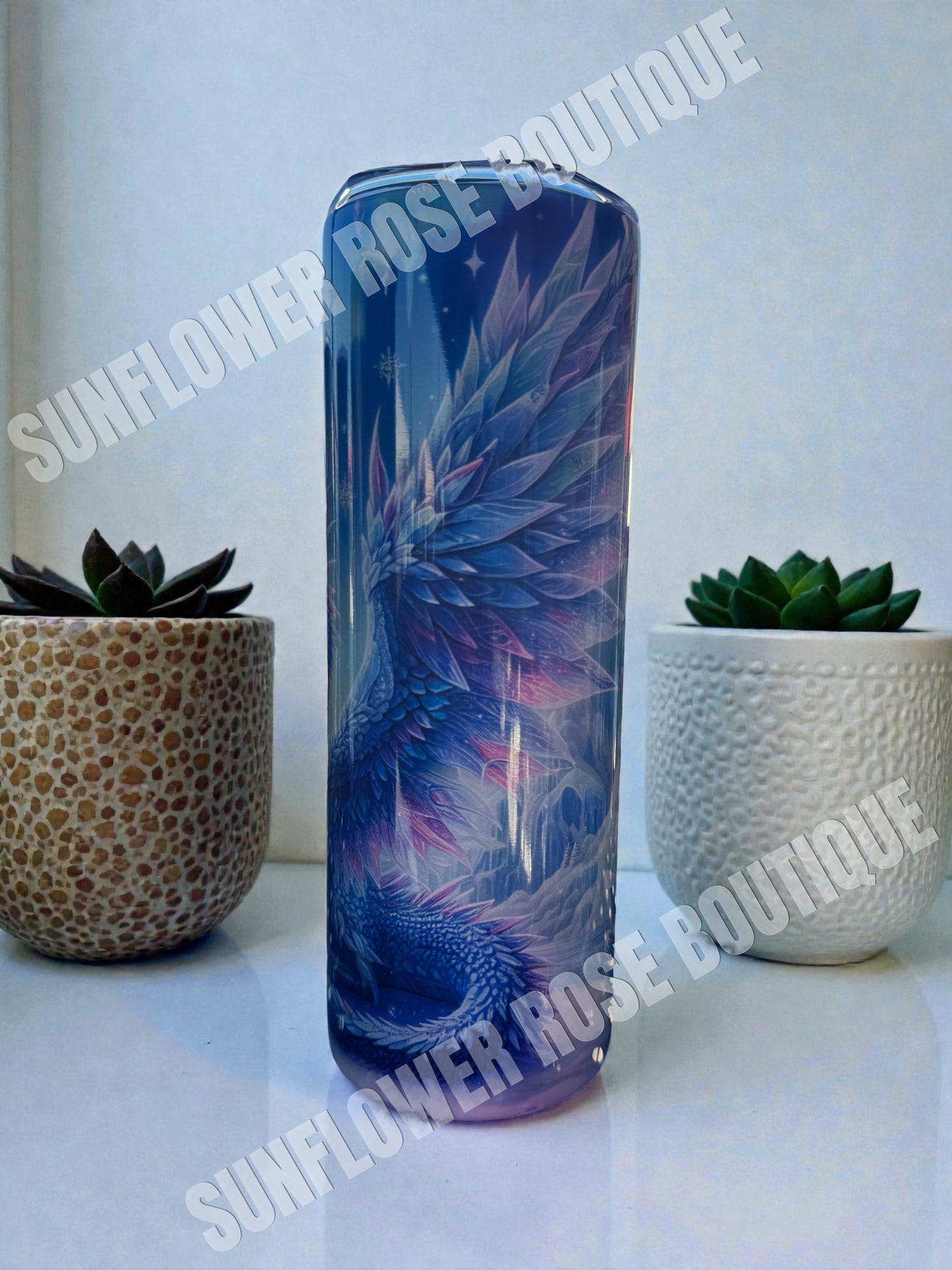 Mystical Dragon Tumbler, 20oz Insulated Stainless Steel Travel Cup with Fantasy Art Design, Blue and Pink Mythical Dragon Theme