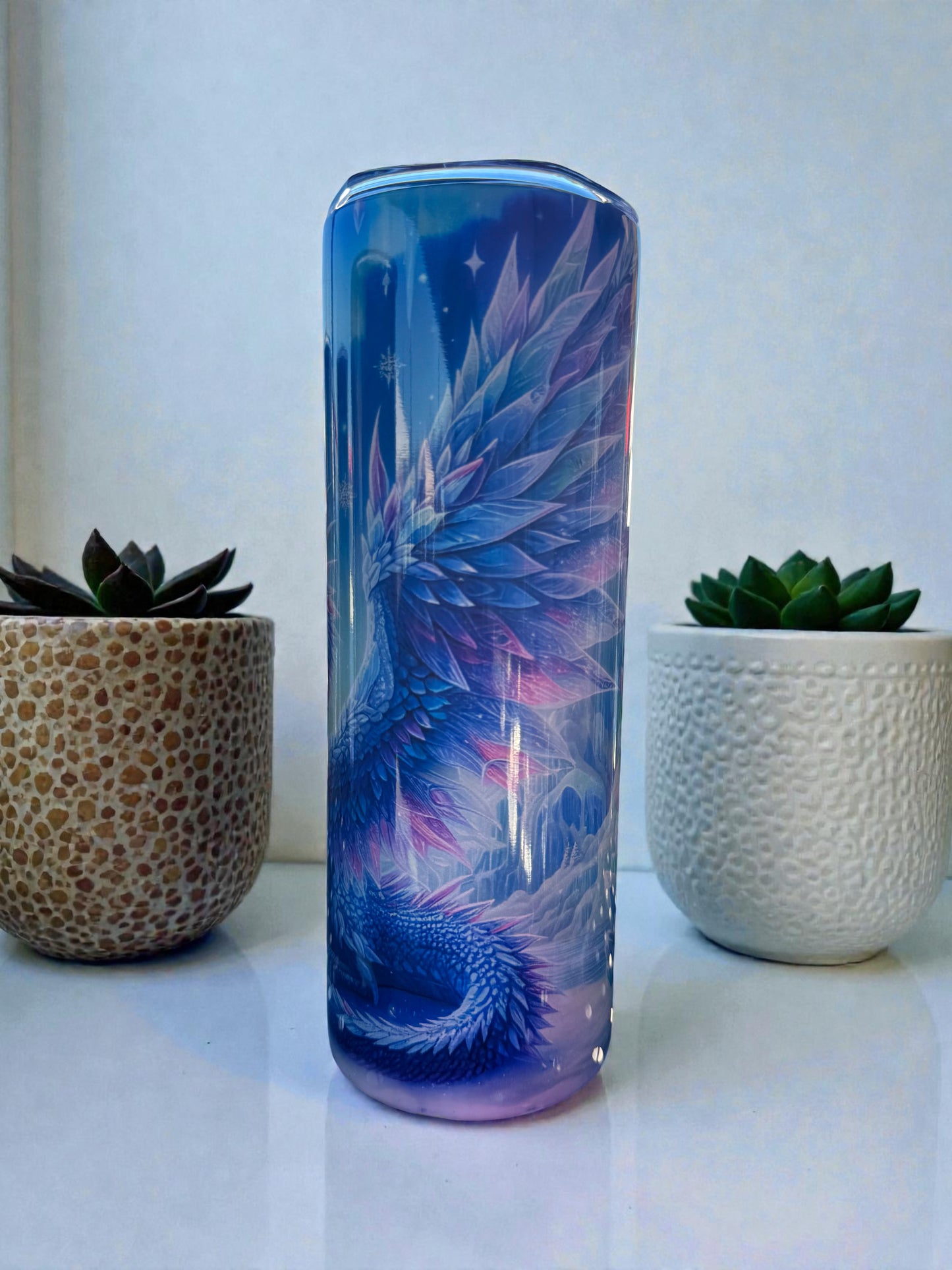 Mystical Dragon Tumbler, 20oz Insulated Stainless Steel Travel Cup with Fantasy Art Design, Blue and Pink Mythical Dragon Theme