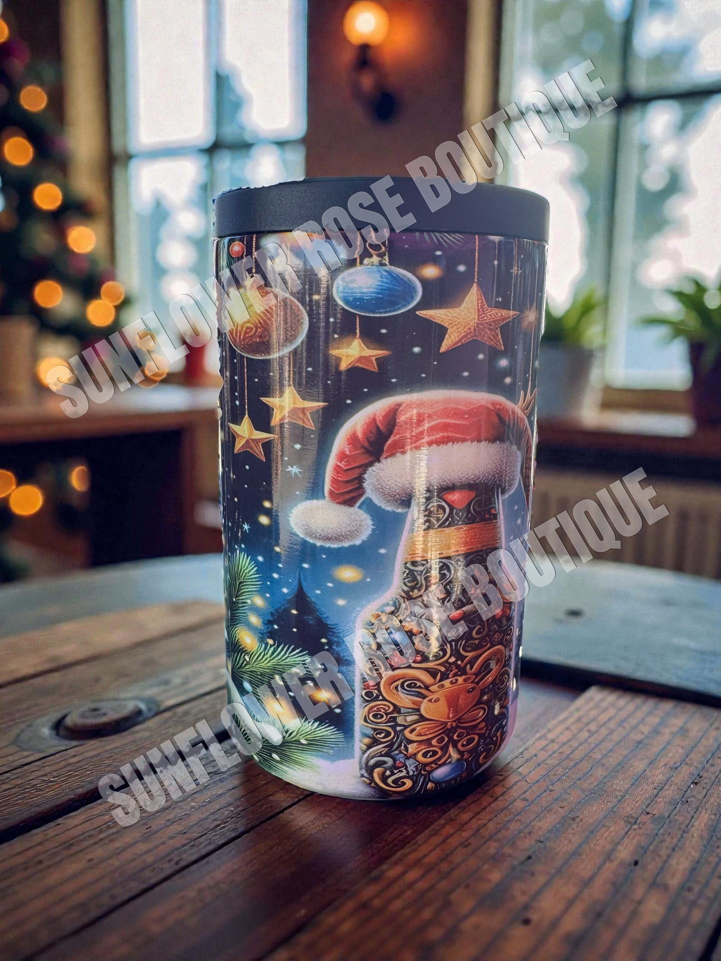 Insulated Can Cooler, Christmas Beer Bottle Design, Stainless Steel, Holiday Theme with Santa Hat and Stars
