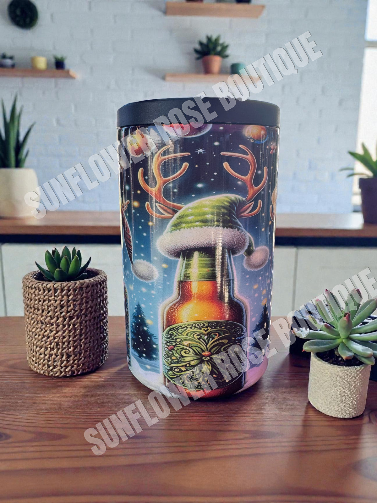 Insulated Can Cooler, Christmas Beer Bottle Design, Stainless Steel, Holiday Theme with Santa Hat and Stars
