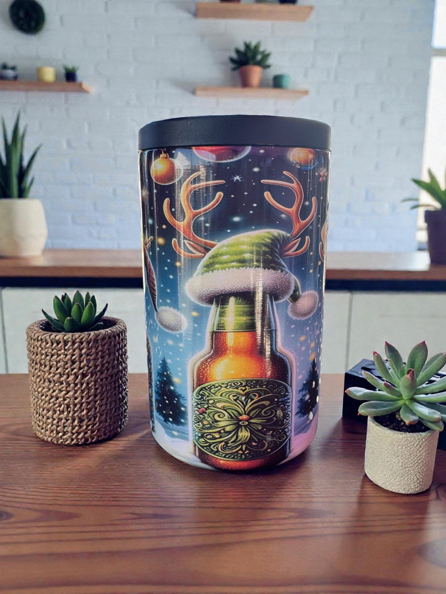 Insulated Can Cooler, Christmas Beer Bottle Design, Stainless Steel, Holiday Theme with Santa Hat and Stars