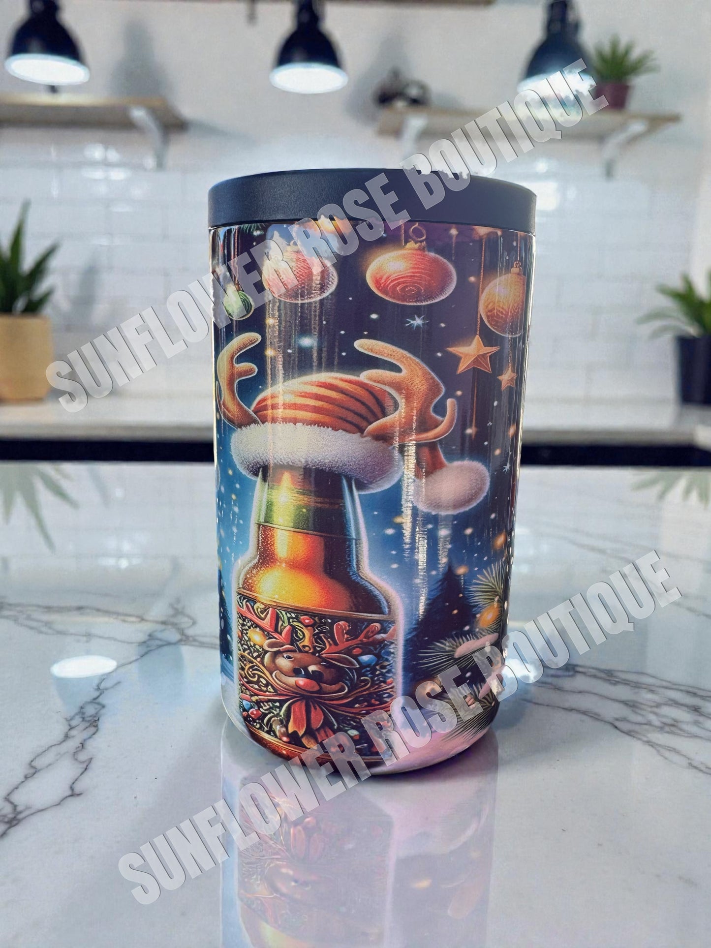 Insulated Can Cooler, Christmas Beer Bottle Design, Stainless Steel, Holiday Theme with Santa Hat and Stars