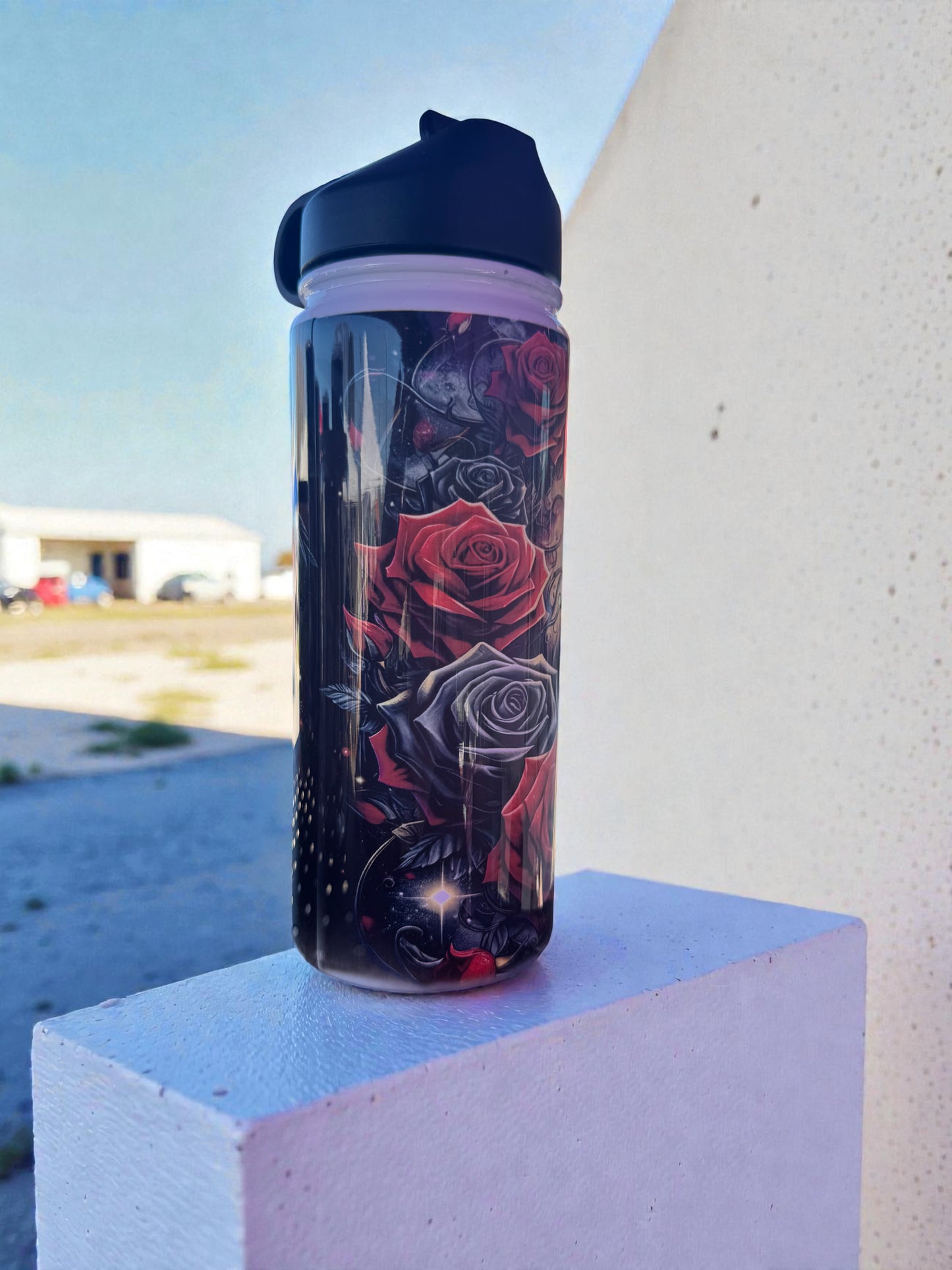Gothic Rose Water Bottle, Skull Design with Red Roses, Black Travel Tumbler, Insulated Drink Container with Flip Cap