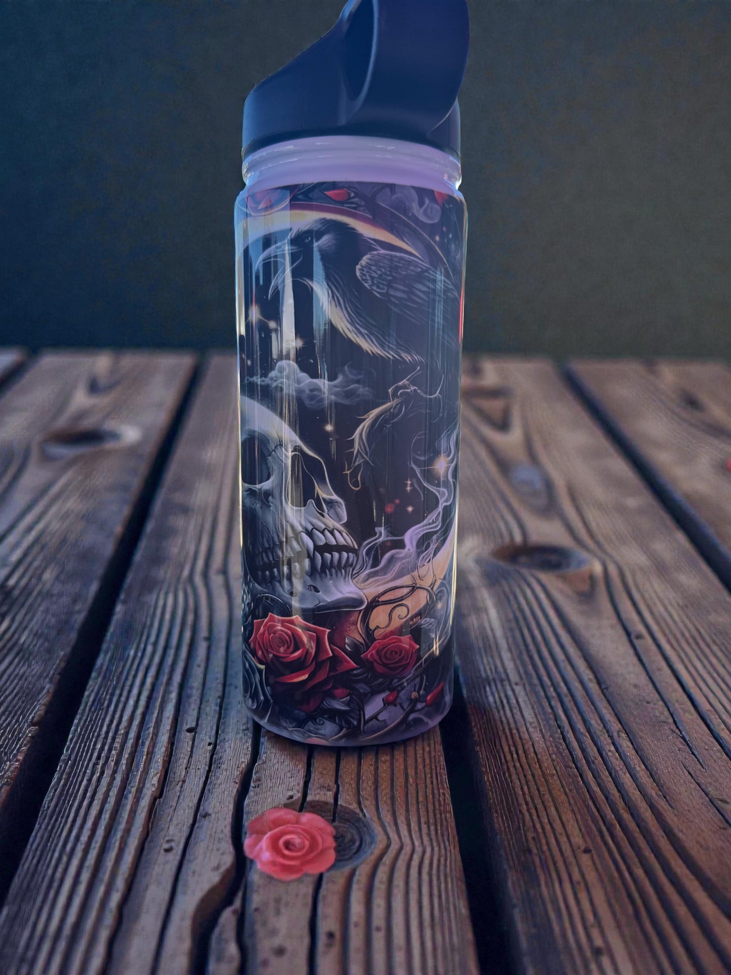 Gothic Rose Water Bottle, Skull Design with Red Roses, Black Travel Tumbler, Insulated Drink Container with Flip Cap