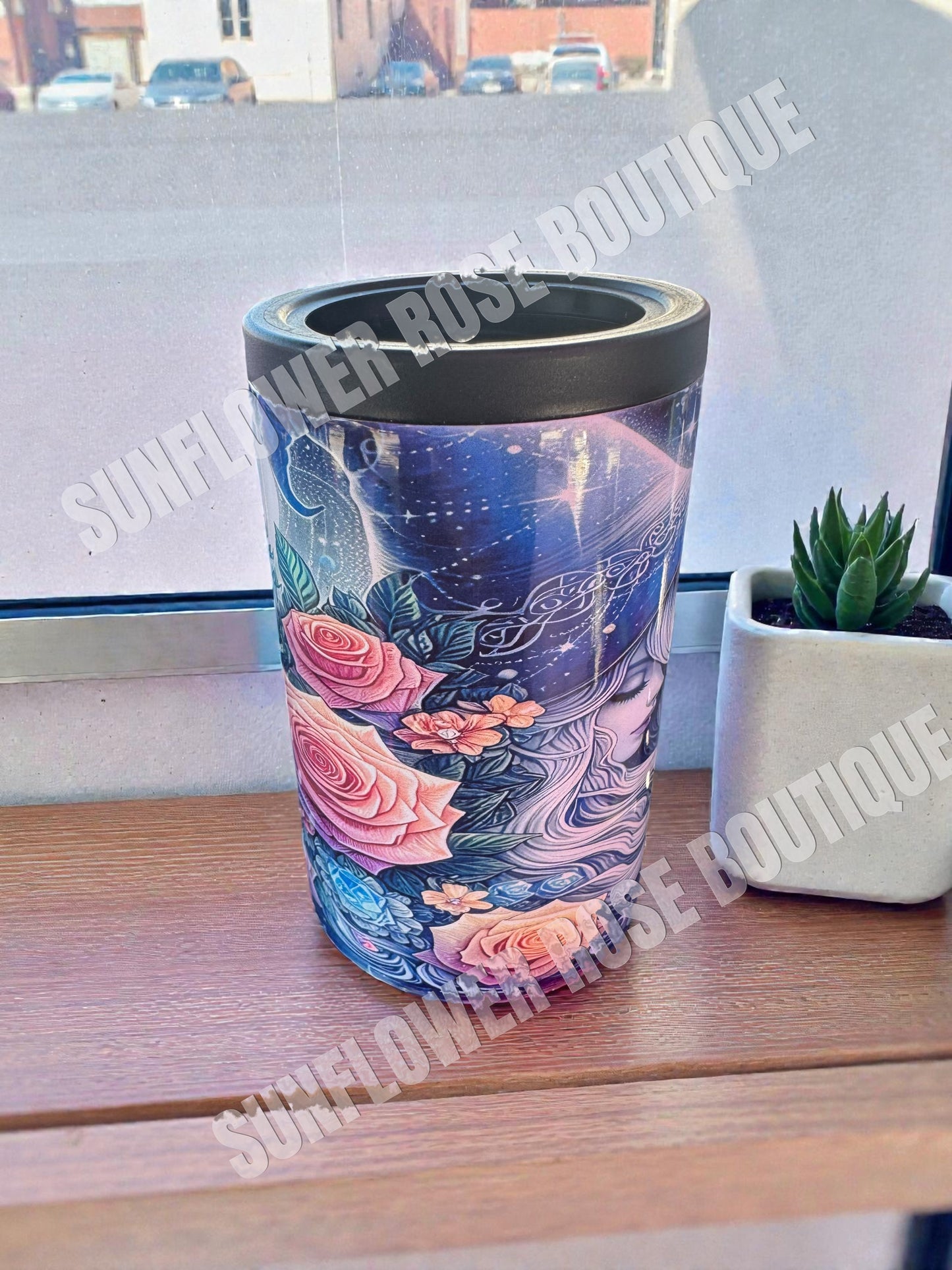 Insulate Can Cooler, Celestial Woman with Roses Design, Stainless Steel, Double Wall
