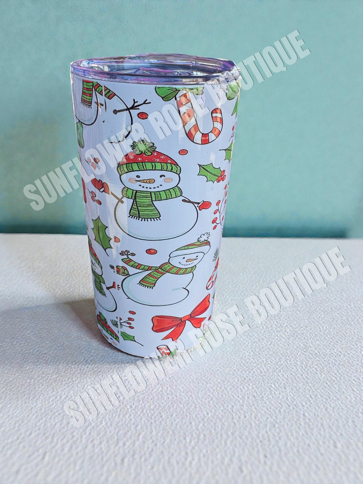 Insulated Tumbler with Lid, Snowman Christmas Holiday Theme, White with Festive Pattern
