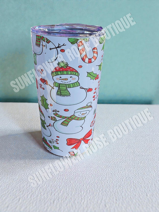 Insulated Tumbler with Lid, Snowman Christmas Holiday Theme, White with Festive Pattern