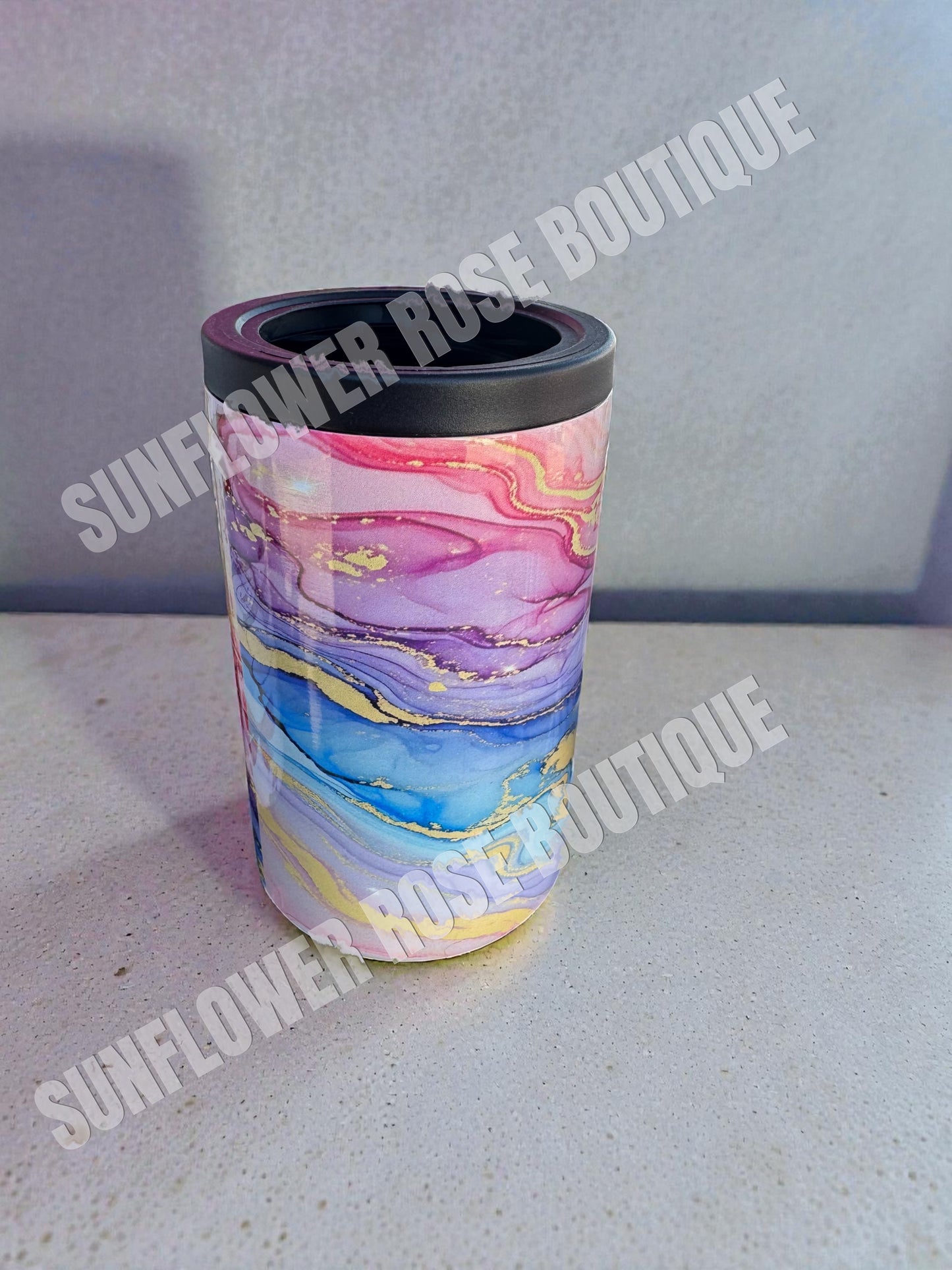 Marble Print Insulated Can Cooler, Pink Purple Blue Gold, Stainless Steel
