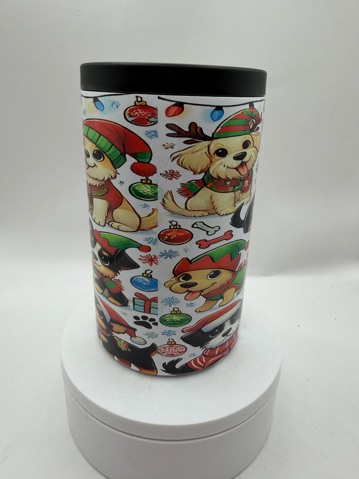 Christmas Holiday Dogs Can Cooler, Insulated Stainless Steel, Festive Pet Theme