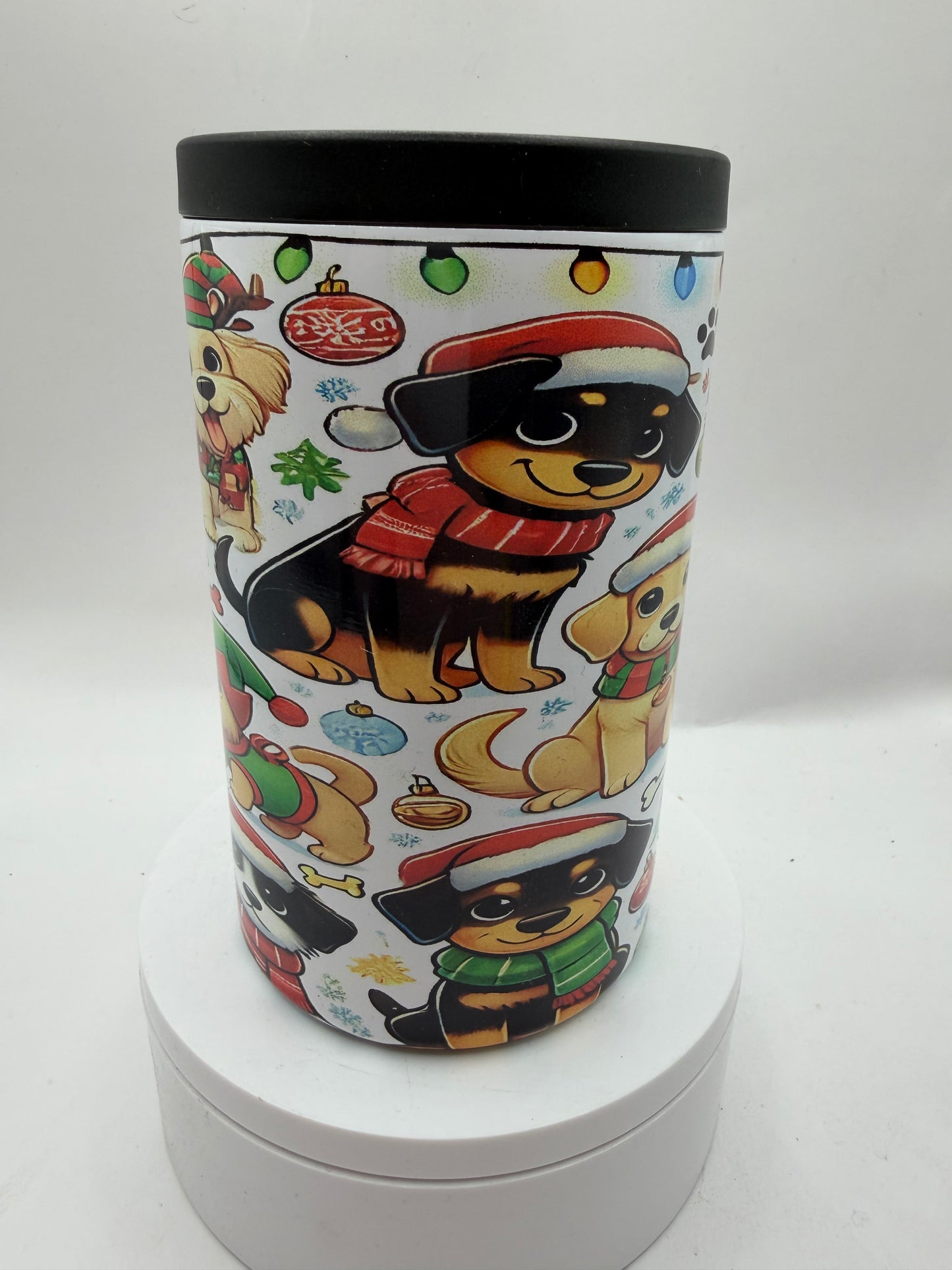 Christmas Holiday Dogs Can Cooler, Insulated Stainless Steel, Festive Pet Theme