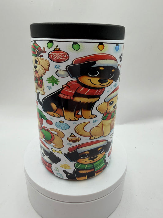 Christmas Holiday Dogs Can Cooler, Insulated Stainless Steel, Festive Pet Theme