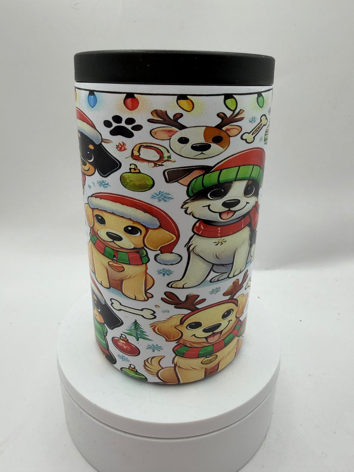 Christmas Holiday Dogs Can Cooler, Insulated Stainless Steel, Festive Pet Theme